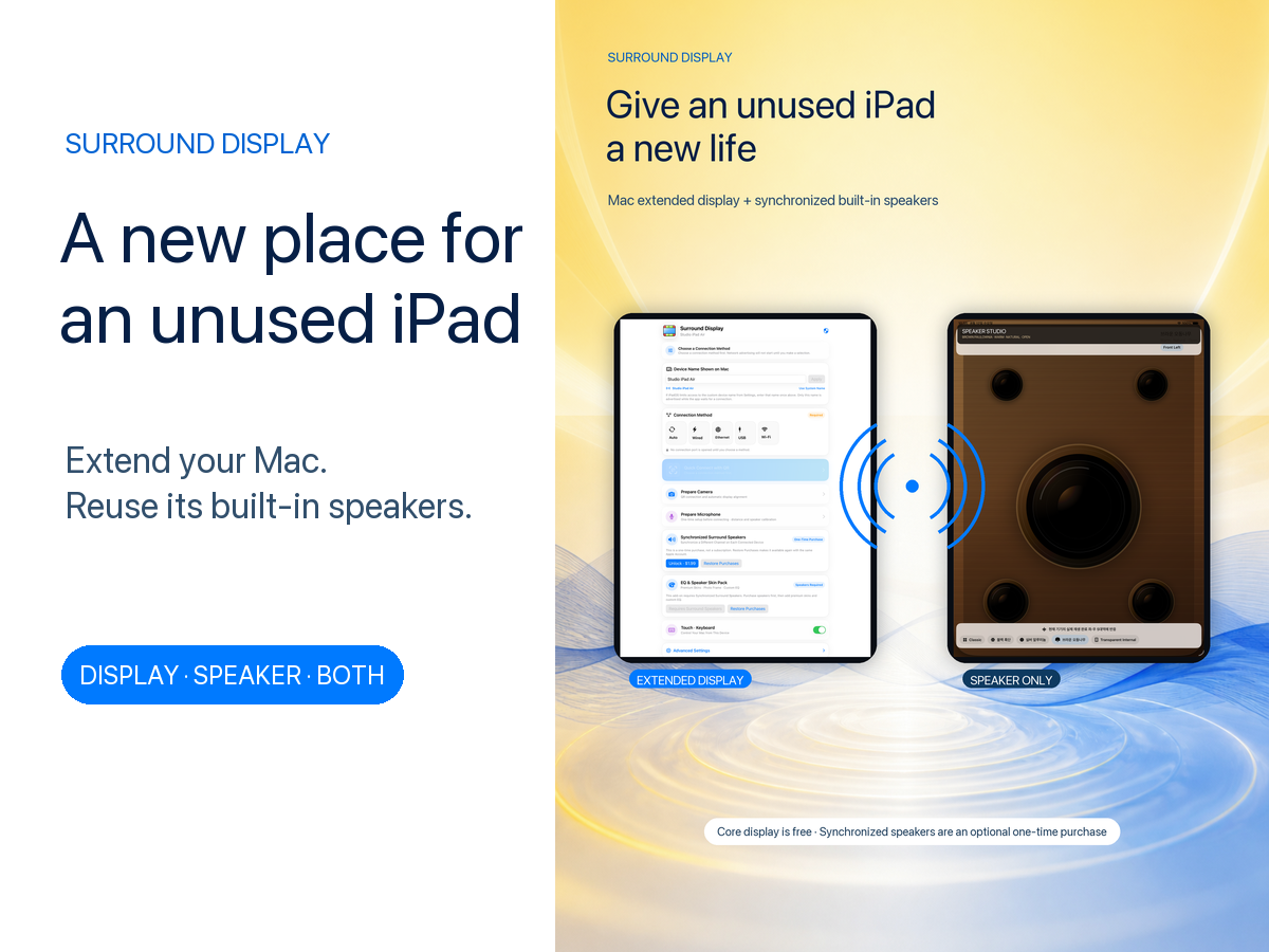 Two spare iPads reused as Mac extended displays and left-right speakers with Surround Display