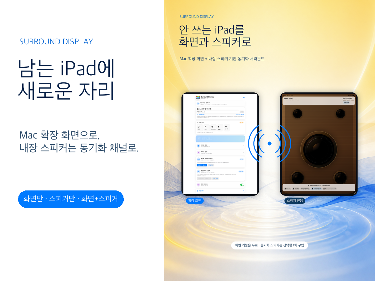 남는 iPad 두 대를 Mac 확장 화면과 좌우 스피커로 활용하는 Surround Display 제품 소개 그림